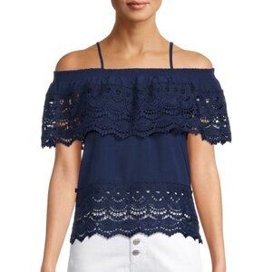 Navy Blue Woven Flowy Off Shoulder Top